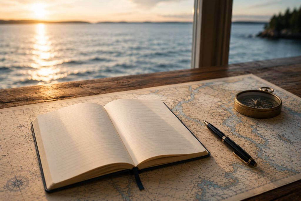 journal on a map table overlooking the sea at sunrise