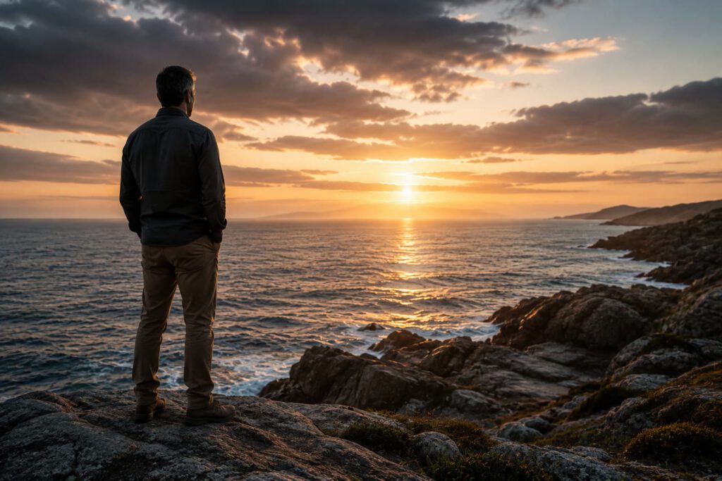 man standing on the rocks of the coast line at sunset