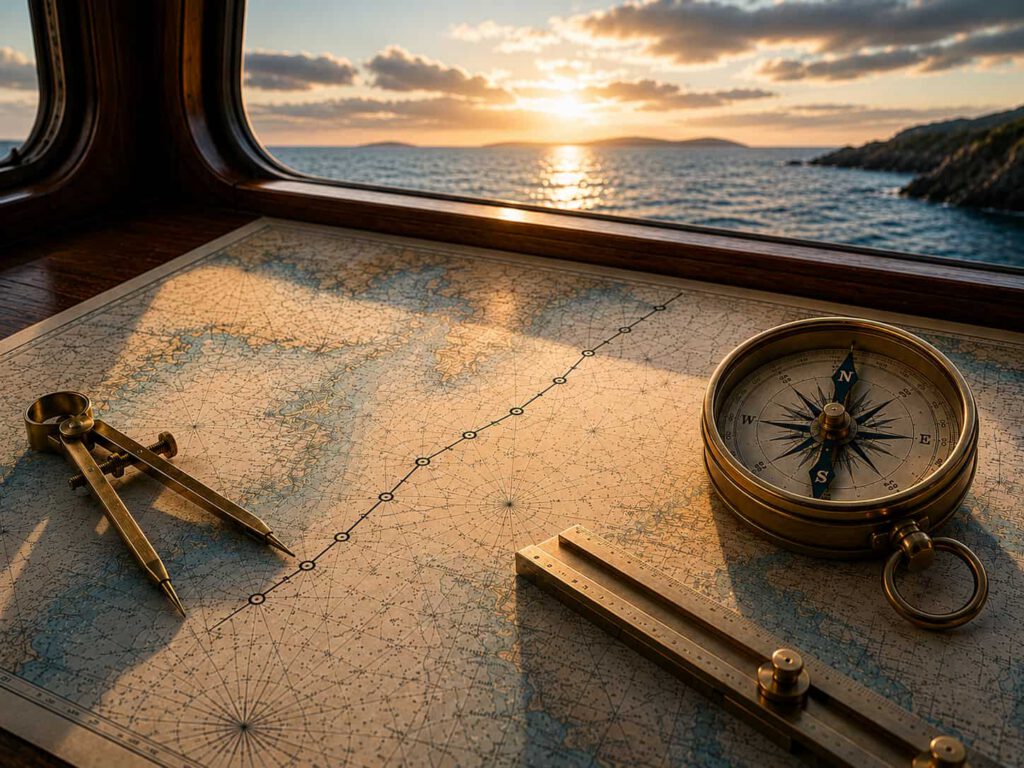 compass on a map table overlooking the sea at sunrise