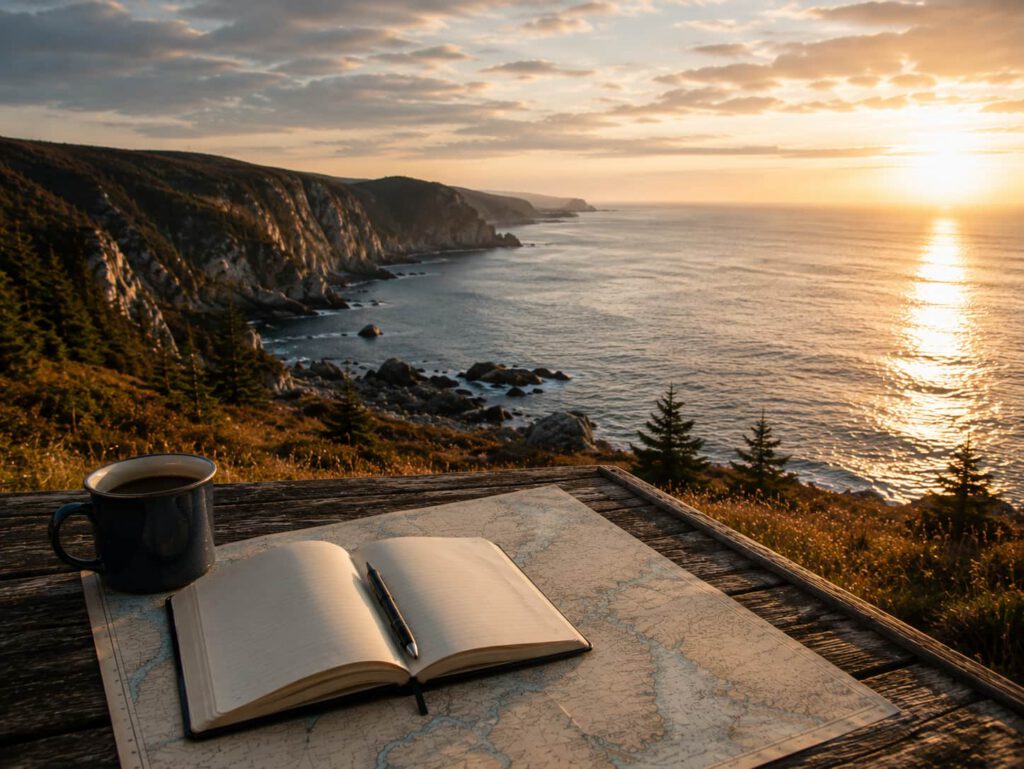 maps table and coffee overlooking Atlantic coastline at sunrise