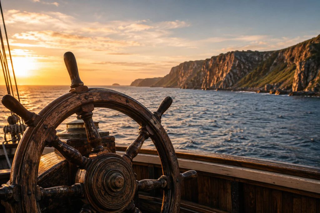 view from the helm on a boat near Newfoundland coast at sunrise